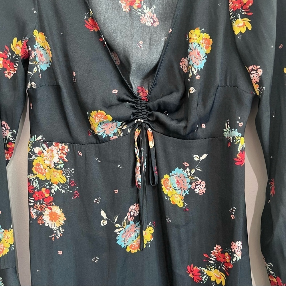 Free People Midnight Navy Silky Mini Dress Floral Long Sleeve Size S - Picture 6 of 11
